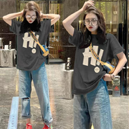 歐洛黛（OULUODAI）短袖t恤女寬松夏季新款透氣休閑衣服女裝時(shí)尚潮體恤衫純棉短袖女 灰色（Hi） L