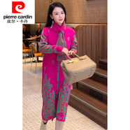 皮爾卡丹（pierre cardin）春秋季新款中長款過膝毛衣裙女遮肉寬松減齡針織毛毛民族風(fēng)連衣裙 玫紅色 圍巾 M 90-105斤
