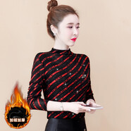 KANJOOP斜條紋打底衫女春秋冬內搭半高領(lǐng)網(wǎng)紗修身上衣時(shí)尚顯瘦長(cháng)袖t恤女 紅色 加絨 XL