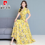 皮爾卡丹（pierre cardin）雪紡連衣裙女2025夏季新款收腰顯瘦長(cháng)款V領(lǐng)系帶蝴蝶結連衣裙女 黃色 2XL 120-138斤