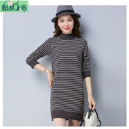 艾妃琳秋冬新款韓版中長(cháng)款打底毛衣女套頭半高領(lǐng)開(kāi)叉修身顯瘦條紋針織衫 灰色 S