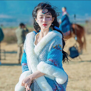 嬈蝶去有風(fēng)的地方亦菲同款披肩圍巾民族風(fēng)披風(fēng)云南大理麗江旅游斗篷 大毛領(lǐng)-湖藍(lán)色