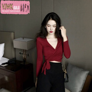 VJWK 爵士舞服裝女新款春秋裝V領(lǐng)女人味修身性感交叉上衣收腰緊身綁帶T恤網(wǎng)紅BF 酒紅色 M
