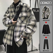 摘星少年衣服男小香風(fēng)夾克男痞帥男裝一套裝黑白方格毛呢外套高級感輕奢 常青樹(shù)924白色+黑長(cháng)袖+黑西褲 XL 115-140斤 優(yōu)先發(fā)貨
