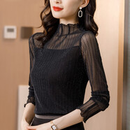 KANJOOP打底衫女秋裝新款半高領蕾絲女內搭網紗小衫黑色長袖t恤上衣 黑色 XXS