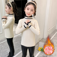 小熊精靈（xiaoxiongjingling）女童打底衫秋冬兒童毛衣針織衫半高領(lǐng)上衣寶寶套頭衫加絨加厚韓版 米色(加絨款) 110碼(建議身高100cm左右)