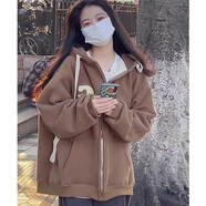 風采兔 衛(wèi)衣女春秋款2024新款潮ins外套寬松學生原宿慵懶風加絨連帽上衣 駝色(加絨) XL