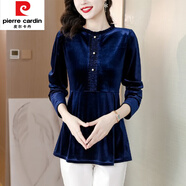 皮爾卡丹（pierre cardin）金絲絨長(zhǎng)袖T恤衫女秋季2025新款貴夫人氣質(zhì)收腰裙擺上衣打底衫 藍(lán)色 2XL