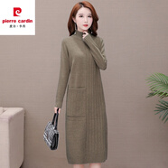 皮爾卡丹（pierre cardin）連衣裙女秋冬中長款過膝配大y針織套頭加絨加厚洋氣半高領(lǐng)打底衫 口袋條紋 【棕色】 M 【建議90-110斤】