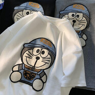 Jazky叮當(dāng)貓刺繡短袖t恤男潮牌潮流寬松男士華夫格半袖夏季純棉情侶裝衣服 白色 S