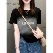 Otto ortee輕奢潮流大碼女裝胖mm夏季新款燙鉆顯瘦遮肚甜辣短袖T恤歐貨正肩 黑色上衣【別致甜辣很仙的上衣設 XL