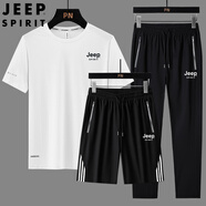 吉普（JEEP）冰絲運(yùn)動(dòng)體恤套裝男士夏季薄款中年老爸大碼速干休閑運(yùn)動(dòng)服三件套 白色【直筒】 -冰絲三件套 XL (建議120-135斤)