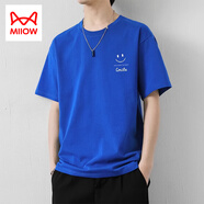 貓人（MiiOW）男士純棉短袖T恤夏季薄款潮牌圓領笑臉印花男裝衣服冰絲體恤 克萊因藍 M