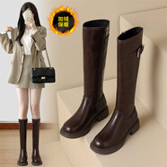 ZHR長(cháng)筒靴女時(shí)尚褶皺騎士靴女冬加絨顯高厚底女靴 BL323A 棕色 38 