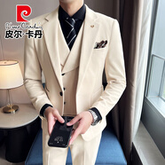 皮爾卡丹（pierre cardin）商務(wù)修身西服套裝男士春夏季新款呢料西裝三件套新郎結婚正裝禮服 SJT8339米白色三件套【西服+西褲+馬甲】 4XL