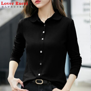 LOVER RUCCI法國秋衣純棉t恤長(cháng)袖襯衫女設計感洋氣寬松韓版襯衣翻領(lǐng)開(kāi)衫女 黑色 襯衫上衣女春秋t恤 L