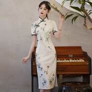 家隆名秀旗袍夏季 新中式復(fù)古改良旗袍連衣裙女收腰顯瘦裙子 花色 L