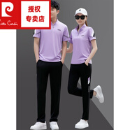 皮爾卡丹（pierre cardin）運動(dòng)套裝男士夏季透氣短袖T恤男士夏季套裝男女情侶裝健身服  紫色 L 女款【98-110斤】