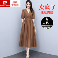 皮爾卡丹母親節(jié)國際真絲連衣裙女夏季2023年新款感收腰顯瘦桑蠶絲長裙子 鐵銹紅 2XL