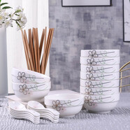 云鴻陶瓷10個(gè)米飯碗家用吃飯學(xué)生碗 中式碗筷套裝陶瓷餐具 小湯碗勺可微波 10碗10筷10勺(七彩) 30頭