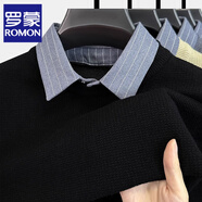 羅蒙（ROMON）假兩件毛衣男秋冬季襯衫領(lǐng)套頭毛衫中年男士保暖上衣針織打底衫潮 黑色 175/XL