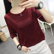 夢(mèng)史怡2022春夏新款韓版冰絲鏤空針織衫七分袖T恤半袖女寬松打底上衣 酒紅 2XL 125斤-135斤穿