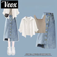 VEOX女裝夏秋季套裝女2025新款襯衫女顯瘦背心牛仔半身裙三件套 白襯衫+咖色背心+牛仔半身裙 三 XL 建議120-140斤