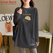 LOVER RUCCI鯊魚(yú)褲搭配的上衣純棉體恤女遮臀灰色打底衫長(cháng)款長(cháng)袖t恤女遮屁股 灰色-金邊帽春秋款】 XL 120-140斤