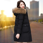WNBR羽絨服女中長(zhǎng)款2024冬季新款百搭寬松中老年加厚大毛領(lǐng)白鴨絨外套 黑色 L 推薦95-105斤