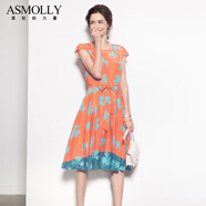Asmolly精選折扣 夏季撞色真絲連衣裙中長(cháng)款氣質(zhì)女裝桑蠶絲碎花裙子 優(yōu)雅印花 L