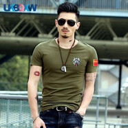 XQBKUW刺繡中國軍迷裝男迷彩服作訓練緊身短袖T恤衫體能半袖夏裝 圓·領(lǐng)狼頭綠 3XL (155-170斤)