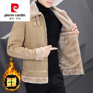 皮爾卡丹（pierre cardin）冬季鹿皮絨外套男短款皮毛一體羊羔毛翻領(lǐng)皮衣夾克機(jī)車服 219卡其色 L