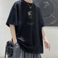 斐米萊（FEIMILAI）短袖t恤男夏季潮流百搭寬松五分袖男學(xué)生圓領(lǐng)半袖男運動上衣服男 T83黑色【單件】 L