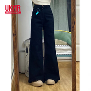 UKMR黑色復(fù)古高個子加長闊腿牛仔褲女夏季新款寬松顯瘦超顯腿長拖地褲 黑色加長款 S