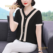 梵喬希品牌定制條紋短袖T恤女夏季新款簡約v領(lǐng)撞色休閑寬松顯瘦拼接上衣 黑色 M
