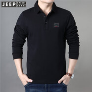 JEEP SPIRIT吉普休閑翻領(lǐng)長袖t恤寬松大碼秋季純色棉質(zhì)開衩繡標(biāo)男士體恤衫厚 黑色 厚款 5XL (200) /116A建議210-220斤