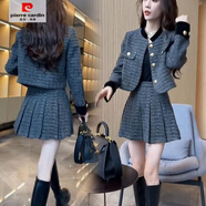 皮爾卡丹（pierre cardin）紅色香風(fēng)套裝兩件套春秋新款名媛外套2025百褶裙小香風(fēng)套裝裙 灰色 S 建議85-95斤
