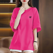 悅法婭純棉短袖t恤女中長(zhǎng)款2025夏季新款遮臀簡(jiǎn)約百搭寬松半袖衣服女裝 玫紅色 2XL 【140-160斤】