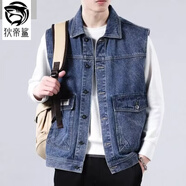 狄帝鯊 牛仔馬甲男外套春夏季大碼馬夾休閑港風(fēng)潮流ins背心青年無(wú)袖坎肩 藍色 L