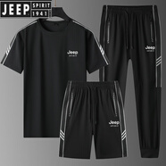 JEEP SPIRIT吉普男士休閑運動(dòng)套裝夏季新款大碼冰絲速干圓領(lǐng)短袖T恤三件套 JP818黑色冰絲三件套 5XL