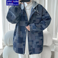 尤芮軻胖子大碼240斤撞色格子夾克男秋冬加大碼痞帥牛仔衣寬松連帽外套 JK6007藍色 5XL 210-240斤