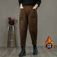 傳祺威登特大碼胖mm300斤春秋寬松胖妹妹加絨加厚百搭休閑哈倫褲女衛褲子 咖啡色【加絨加厚】 4XL 建議160-175斤