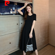 皮爾卡丹（pierre cardin）中長款圓領T恤裙夏簡約收腰大擺A字裙修身莫代爾短袖連衣裙 黑色 L