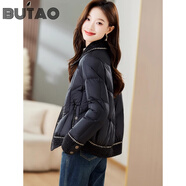 BUTAO小香風(fēng)短款羽絨服女新款時(shí)尚百搭拼接白鴨絨短外套 經(jīng)典黑色 S 106-120斤