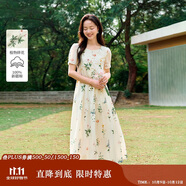 茵曼（INMAN）夏季植物碎花印花全棉女裝圓領(lǐng)連衣裙百搭裙子  杏色-連衣裙  L