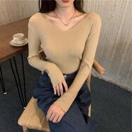 艾羅帝朗 秋冬韓版時尚新款V領(lǐng)薄款長袖針織衫毛衣女內(nèi)搭修身顯瘦基礎(chǔ)打底上衣 卡其色 均碼
