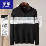 羅蒙（ROMON）高端秋冬男士半開襟拉鏈高領(lǐng)毛衣橫條紋撞色麻花紋扭花粗針針織衫 黑色 3XL 190/104A