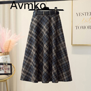 Avmko秋冬新款女中長(zhǎng)款顯瘦毛呢格子大擺半身裙高腰a字遮胯傘裙打底裙 咖啡色 均碼 85-130斤
