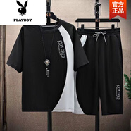 花花公子（PLAYBOY）夏季套裝男純棉新款韓版潮流短袖T恤青年休閑百搭運(yùn)動(dòng)七分褲兩件 黑色【優(yōu)質(zhì)套裝】 918款 M 【95-120】