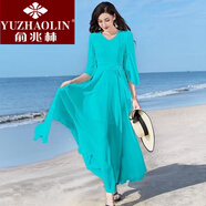 俞兆林（YUZHAOLIN）新品2024雪紡連衣裙女秋氣質(zhì)收腰顯瘦長(cháng)款大擺海邊度假沙灘長(cháng)裙子 天青色 3XL